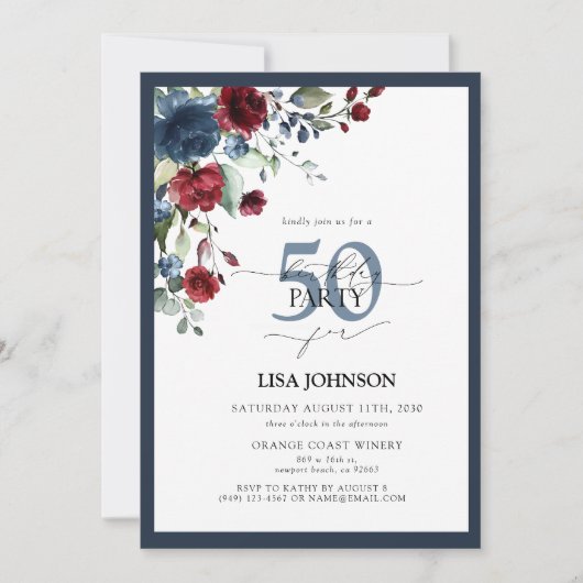 Elegant Navy Blue Burgundy Floral 50th Birthday Kaart (Voorkant)