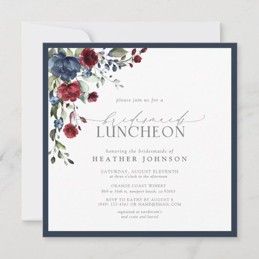 Elegant Navy Blue Burgundy Floral Bridal Luncheon Kaart (Voorkant)