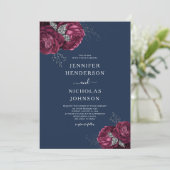 Elegant Navy Blue Burgundy Floral Peonies Wedding Kaart (Staand voorkant)