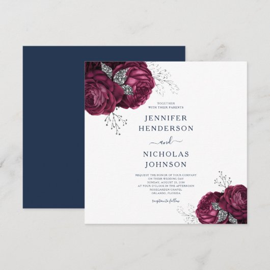Elegant Navy Blue Burgundy Floral Peonies Wedding Kaart (Voorkant / Achterkant)