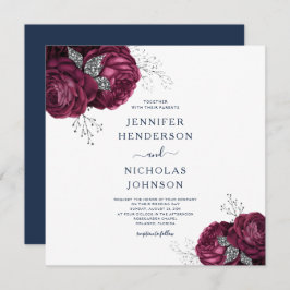 Elegant Navy Blue Burgundy Floral Peonies Wedding Kaart