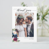 Elegant Navy Blue Burgundy Floral Photo Wedding Bedankkaart (Staand voorkant)