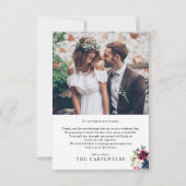 Elegant Navy Blue Burgundy Floral Photo Wedding Bedankkaart (Achterkant)