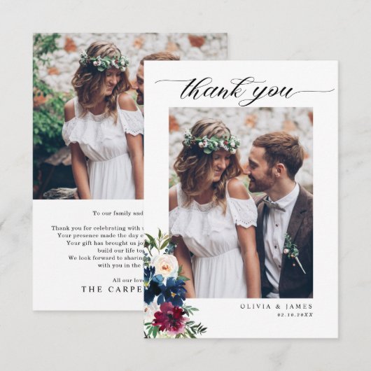 Elegant Navy Blue Burgundy Floral Photo Wedding Bedankkaart (Voorkant / Achterkant)
