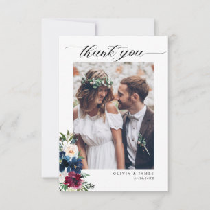 Elegant Navy Blue Burgundy Floral Photo Wedding Bedankkaart
