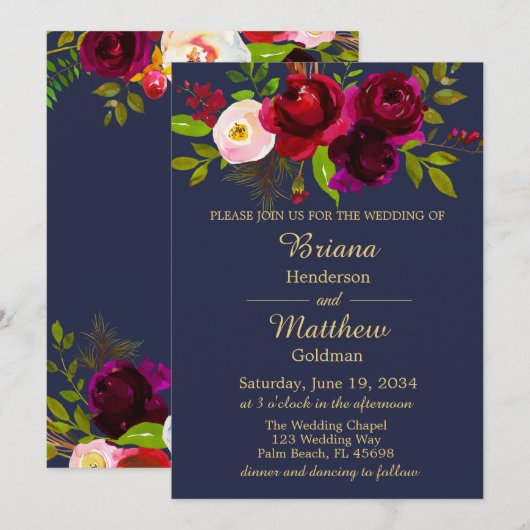 Elegant Navy Blue Burgundy Floral Wedding Kaart (Voorkant / Achterkant)