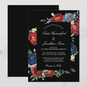 Elegant Navy Blue Burgundy Red Floral Wedding Invi Kaart