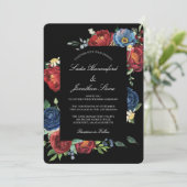Elegant Navy Blue Burgundy Red Floral Wedding Kaart (Staand voorkant)