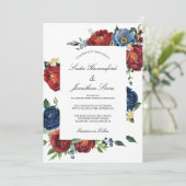 Elegant Navy Blue Burgundy Red Floral Wedding Kaart (Staand voorkant)