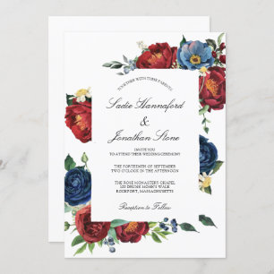 Elegant Navy Blue Burgundy Red Floral Wedding Kaart