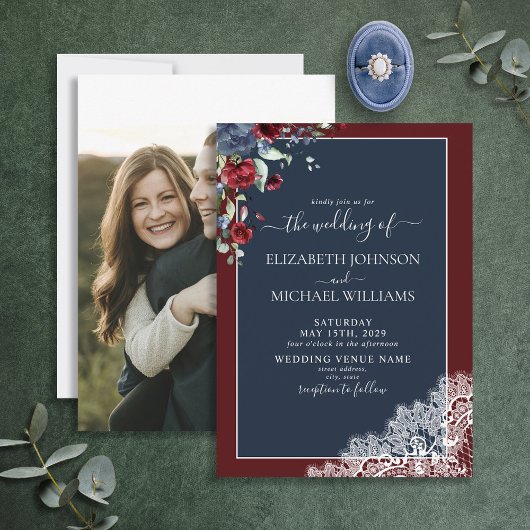 Elegant Navy Blue Burgundy Script Photo Weddenscha Kaart