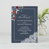 Elegant Navy Blue Burgundy Script Photo Weddenscha Kaart (Staand voorkant)