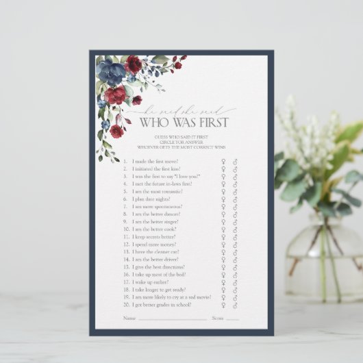 Elegant Navy Blue Burgundy Vrijgezellenfeest Game (Staand voorkant)