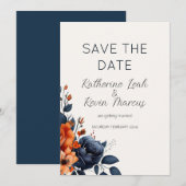 Elegant Navy Blue Burnt Sinaasappel Waterverf Bloe Kaart (Voorkant / Achterkant)