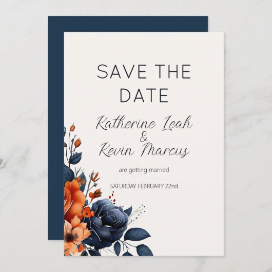 Elegant Navy Blue Burnt Sinaasappel Waterverf Bloe Kaart (Voorkant / Achterkant)