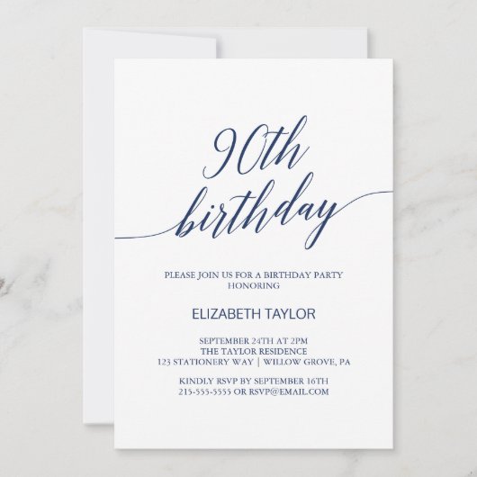 Elegant Navy Blue Calligraphy 90th Birthday Kaart (Voorkant)