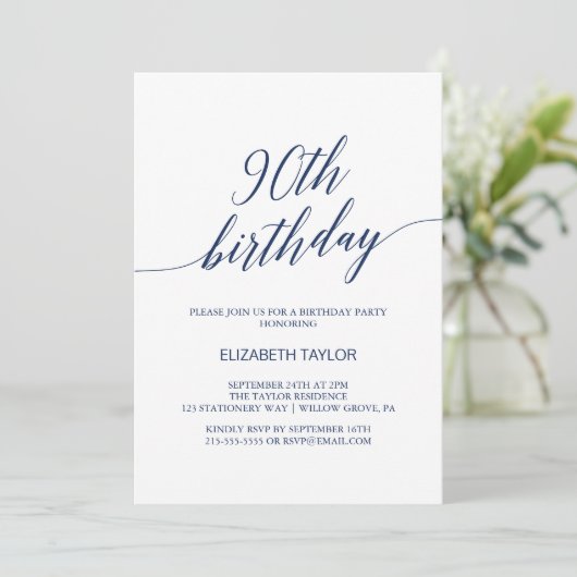 Elegant Navy Blue Calligraphy 90th Birthday Kaart (Staand voorkant)