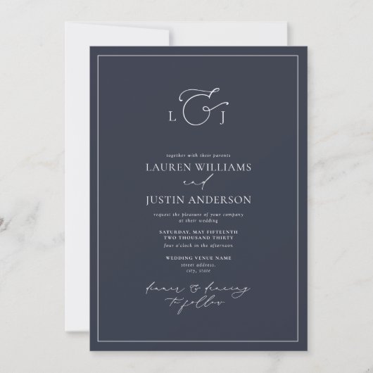 Elegant Navy Blue Calligraphy Monogram Wedding Kaart (Voorkant)