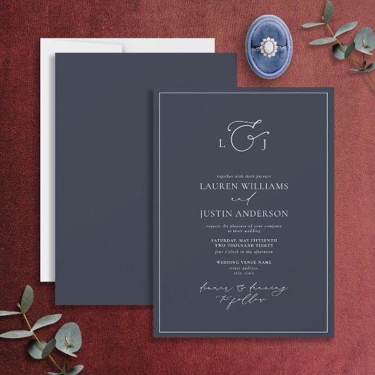 Elegant Navy Blue Calligraphy Monogram Wedding Kaart