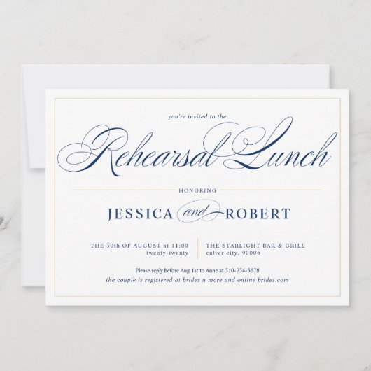Elegant Navy Blue Calligraphy Rehearsal Lunch Kaart (Voorkant)