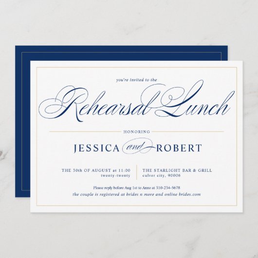 Elegant Navy Blue Calligraphy Rehearsal Lunch Kaart (Voorkant / Achterkant)