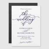 Elegant Navy Blue Calligraphy Wedding Invitation Magnetische Uitnodiging (Voorkant / Achterkant)