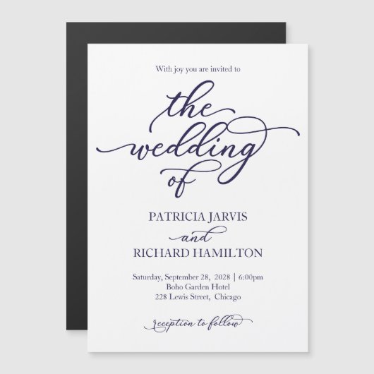 Elegant Navy Blue Calligraphy Wedding Invitation Magnetische Uitnodiging (Voorkant / Achterkant)