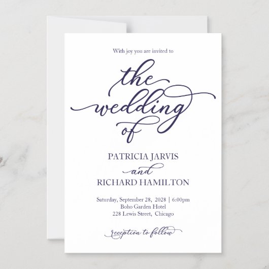 Elegant Navy Blue Calligraphy Wedding Invitation Magnetische Uitnodiging (Voorkant)