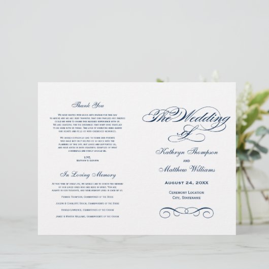 Elegant Navy Blue Calligraphy Wedding Programs (Staand voorkant)