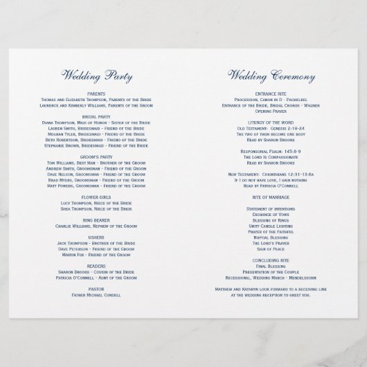 Elegant Navy Blue Calligraphy Wedding Programs (Achterkant)