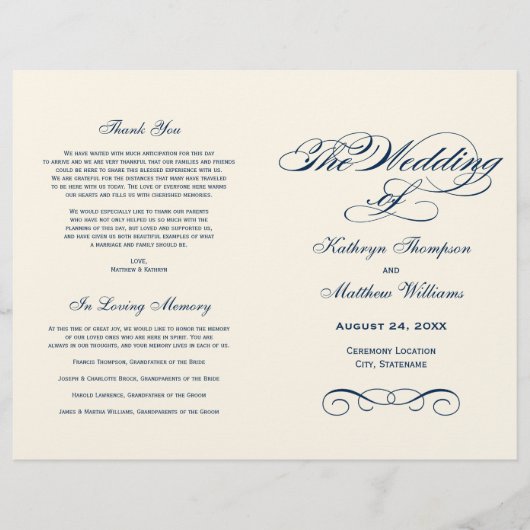 Elegant Navy Blue Calligraphy Wedding Programs (Voorkant)
