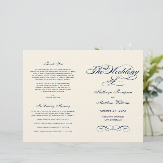 Elegant Navy Blue Calligraphy Wedding Programs (Staand voorkant)