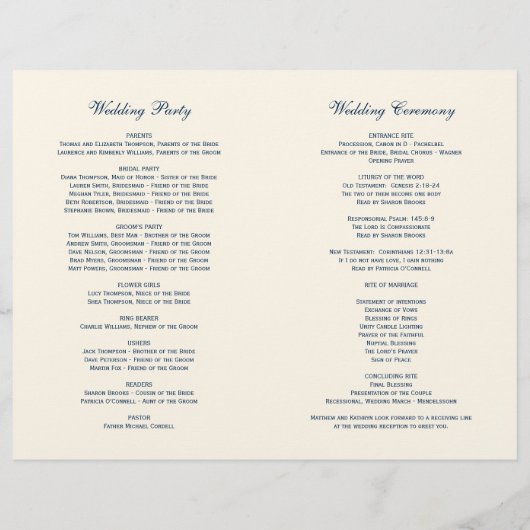 Elegant Navy Blue Calligraphy Wedding Programs (Achterkant)