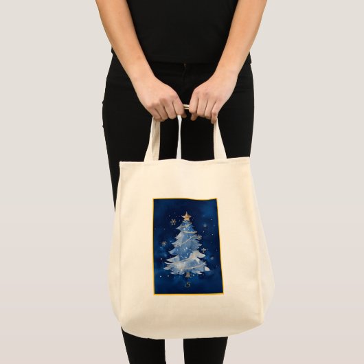 Elegant Navy Blue Christmas Tree Monogram Tote Bag (Voorkant (product))
