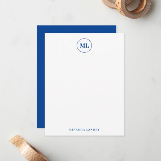Elegant Navy Blue Circle Monogram Initiaal Naam Notitiekaartje (Voorkant / Achterkant in situ)