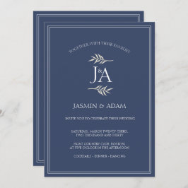 Elegant Navy Blue Classic Initialen Bruiloft Kaart