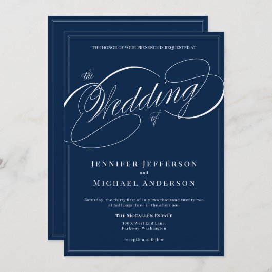 Elegant Navy Blue Classic Kalligrafie Bruiloft Kaart (Voorkant / Achterkant)