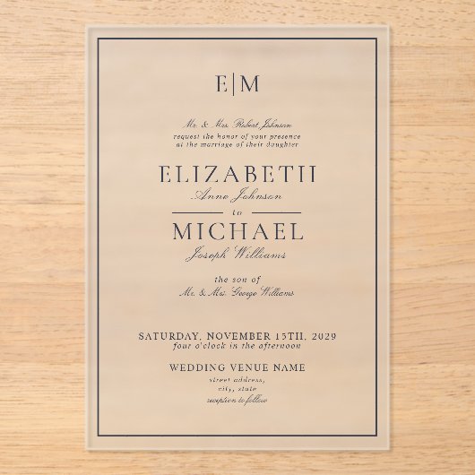 Elegant Navy Blue Classic Script Monogram Weddensc Acryl Uitnodigingen (Voorkant)