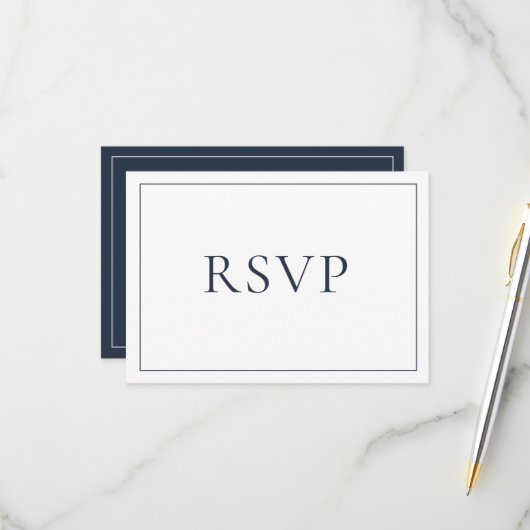 Elegant Navy Blue Classic Script RSVP Kaartje (Voorkant / Achterkant in situ)