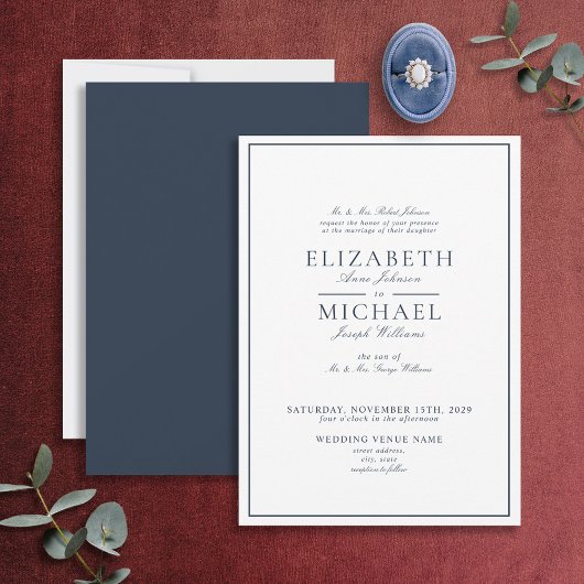 Elegant Navy Blue Classic Script Weddenschap Kaart