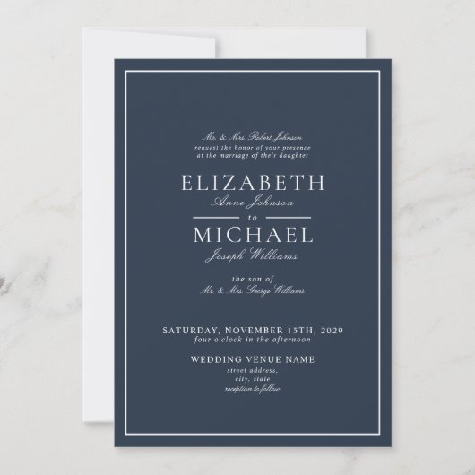 Elegant Navy Blue Classic Script Wedding Invitatio Kaart (Voorkant)