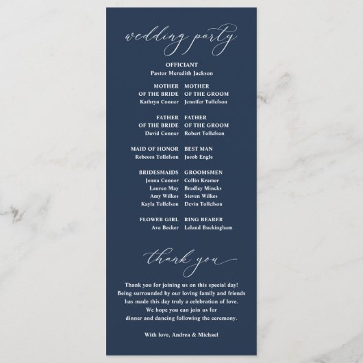 Elegant Navy Blue  Classic Wedding Programs Programmakaart (Achterkant)
