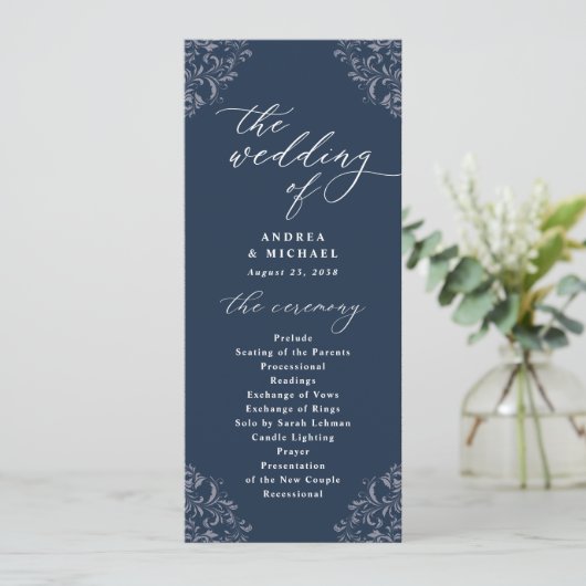 Elegant Navy Blue  Classic Wedding Programs Programmakaart (Staand voorkant)