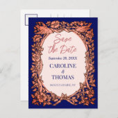 Elegant Navy Blue Copper Roos Floral Save the Date Aankondigingskaart (Voorkant / Achterkant)