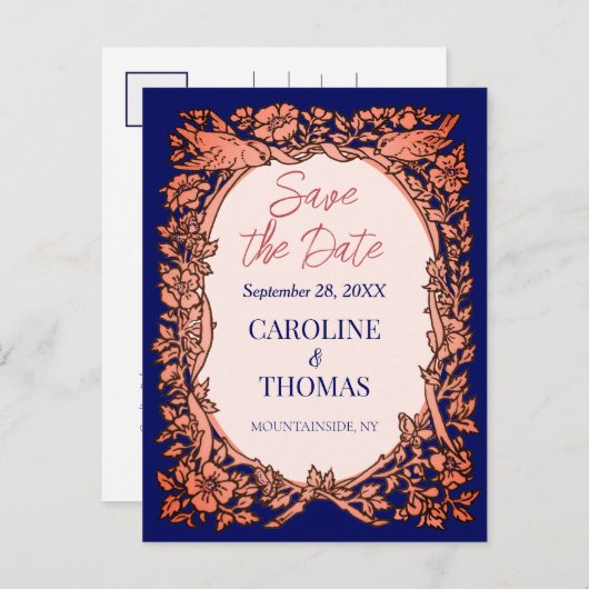 Elegant Navy Blue Copper Roos Floral Save the Date Aankondigingskaart (Voorkant / Achterkant)