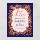 Elegant Navy Blue Copper Roos Floral Save the Date Aankondigingskaart (Voorkant)