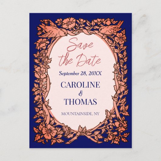 Elegant Navy Blue Copper Roos Floral Save the Date Aankondigingskaart (Voorkant)