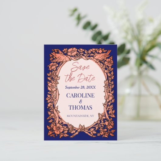 Elegant Navy Blue Copper Roos Floral Save the Date Aankondigingskaart (Staand voorkant)