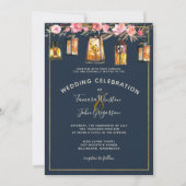 Elegant Navy Blue Coral Floral Gold Lights Kaart (Voorkant)