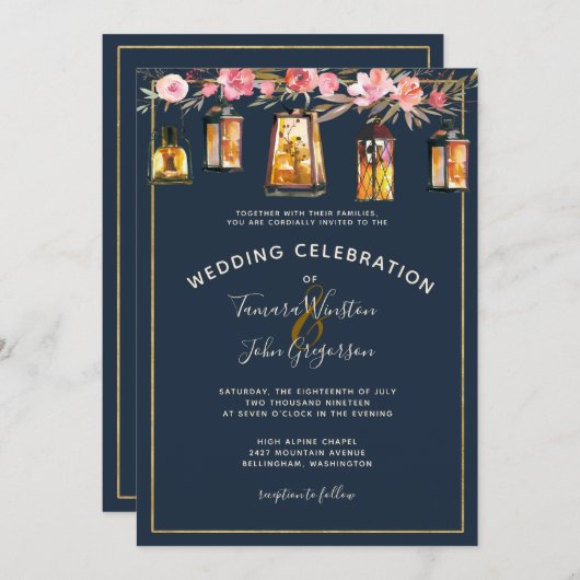 Elegant Navy Blue Coral Floral Gold Lights Kaart (Voorkant / Achterkant)